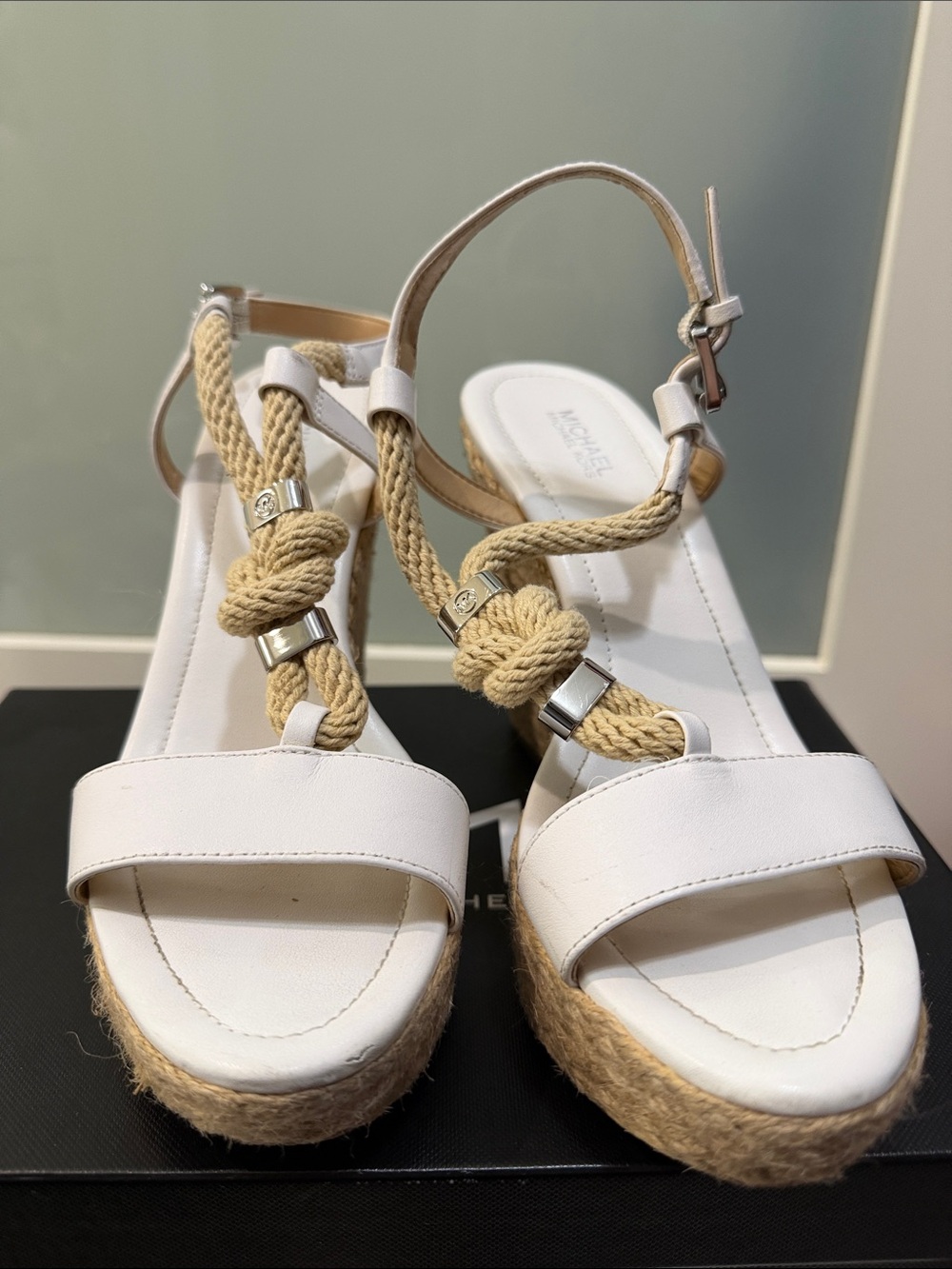 Michael Kors White Espadrille Wedge Sandals with Rope-Knot Detail
